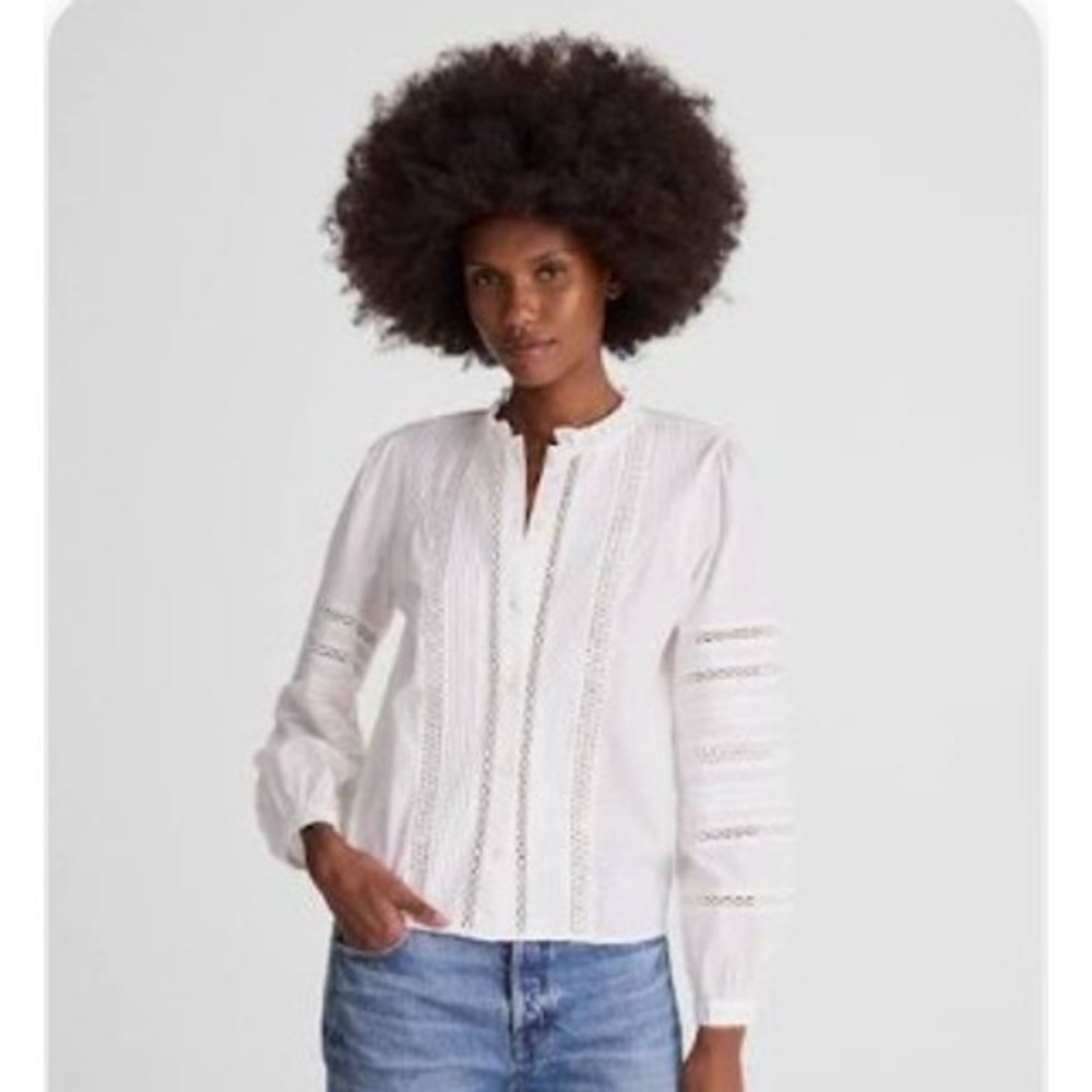 Madewell Top Womens Large White Lace Insert High Neck Pintuck Classic NZ418 - Picture 4 of 11
